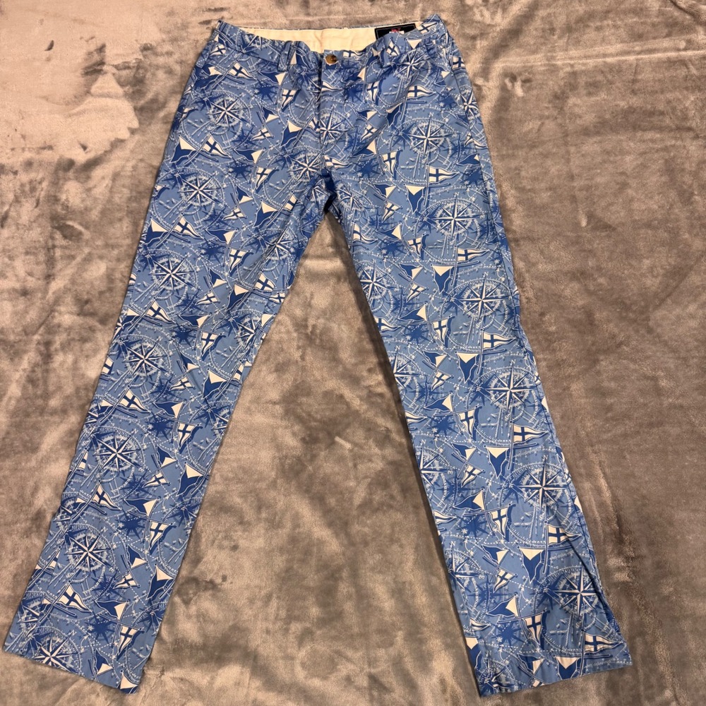 Vineyard Vines Mens Pants Size 32 Compass Nautical Print Cotton Chino Flat Front